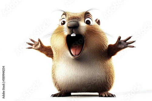 A cheerful groundhog is animatedly expressing surprise and enthusiasm, signaling the long-awaited arrival of spring during Groundhog Day celebrations