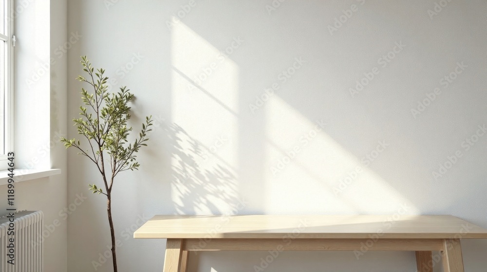 Light-filled room with a minimalist wooden table and a small potted plant, bathed in sunlight creating a serene and peaceful atmosphere Light-filled room with a minimalist wooden table and a small potted plant, bathed in sunlight creating a serene and peaceful atmosphere