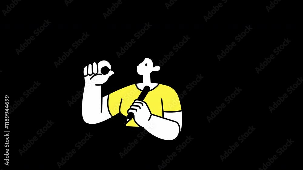 A person with a yellow shirt holding a donut while playing a musical instrument against a black background. A person with a yellow shirt holding a donut while playing a musical instrument against a black background.