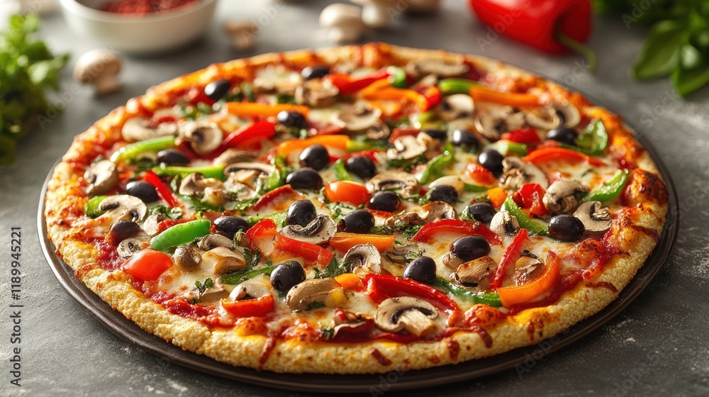 Delicious veggie pizza with mushrooms, peppers, olives, and cheese. Delicious veggie pizza with mushrooms, peppers, olives, and cheese.