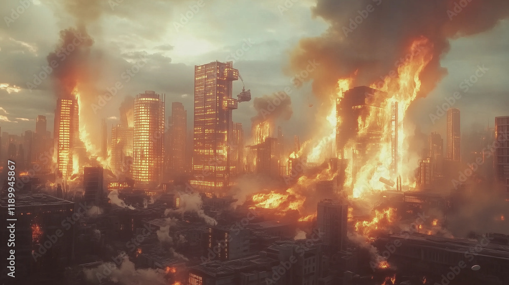 Obraz premium Empty Streets of a Burnt City: Apocalyptic View of Urban Destruction Perfect for a Disaster Film Poster 