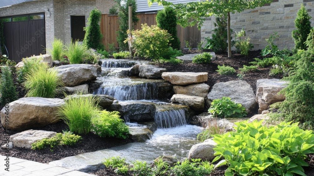 Lush Garden with Tranquil Waterfall and Natural Stone Features Lush Garden with Tranquil Waterfall and Natural Stone Features