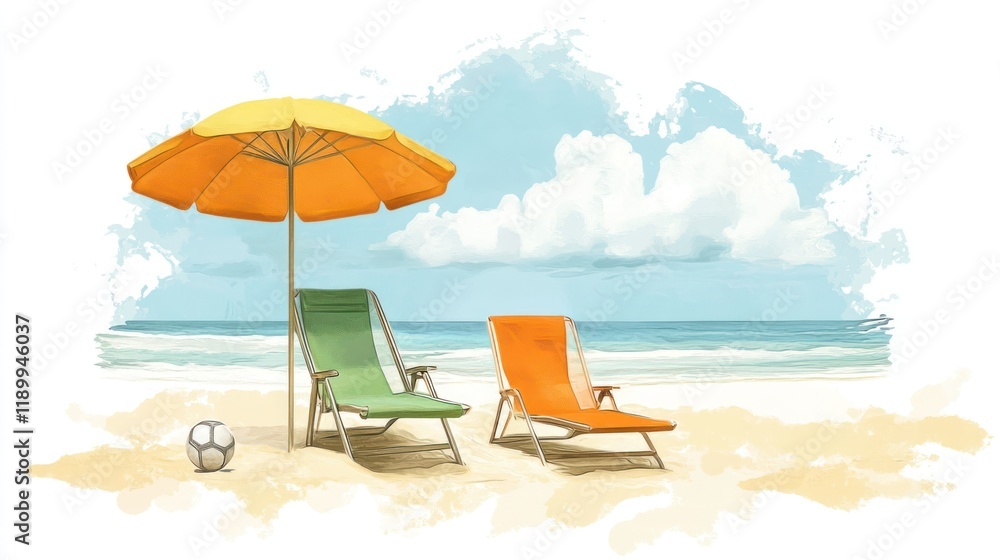 Beach chairs, umbrella, ocean, sunny sky, soccer ball, summer vacation, relaxation Beach chairs, umbrella, ocean, sunny sky, soccer ball, summer vacation, relaxation