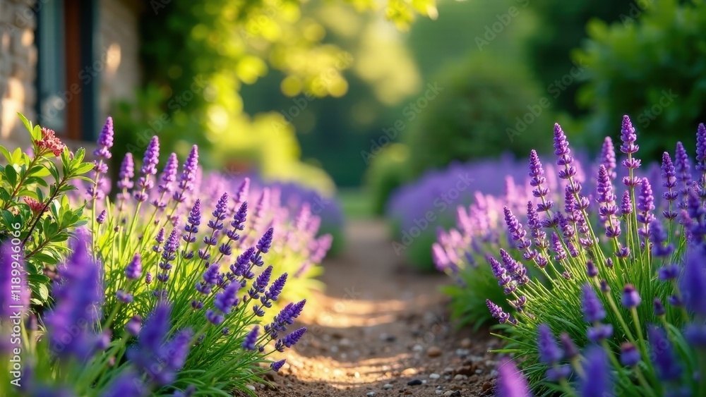 Obraz premium Serene Pathway Lined with Vibrant Purple Blossoms, Basking in Golden Sunlight, Evokes Tranquility and Natural Beauty