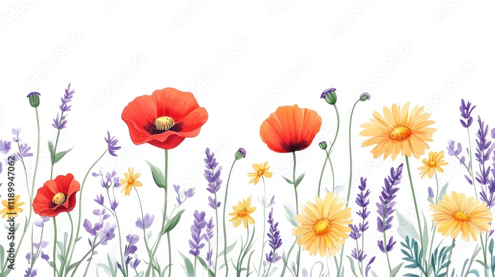 Fototapeta premium Vibrant Wildflower Arrangement with Poppies and Lavender Background