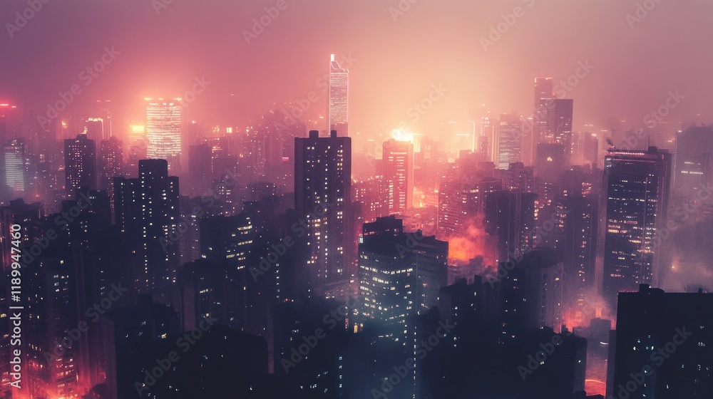 Fototapeta premium Night Cityscape: A Breathtaking Aerial View of a Dense Urban Metropolis Bathed in Pink and Orange Hues