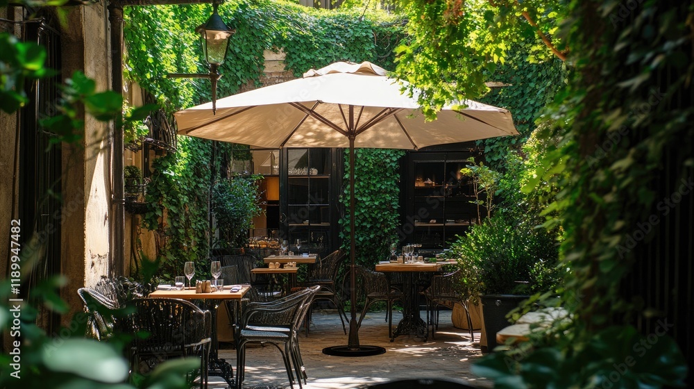 Fototapeta premium Tranquil Outdoor Dining Space Surrounded by Lush Greenery