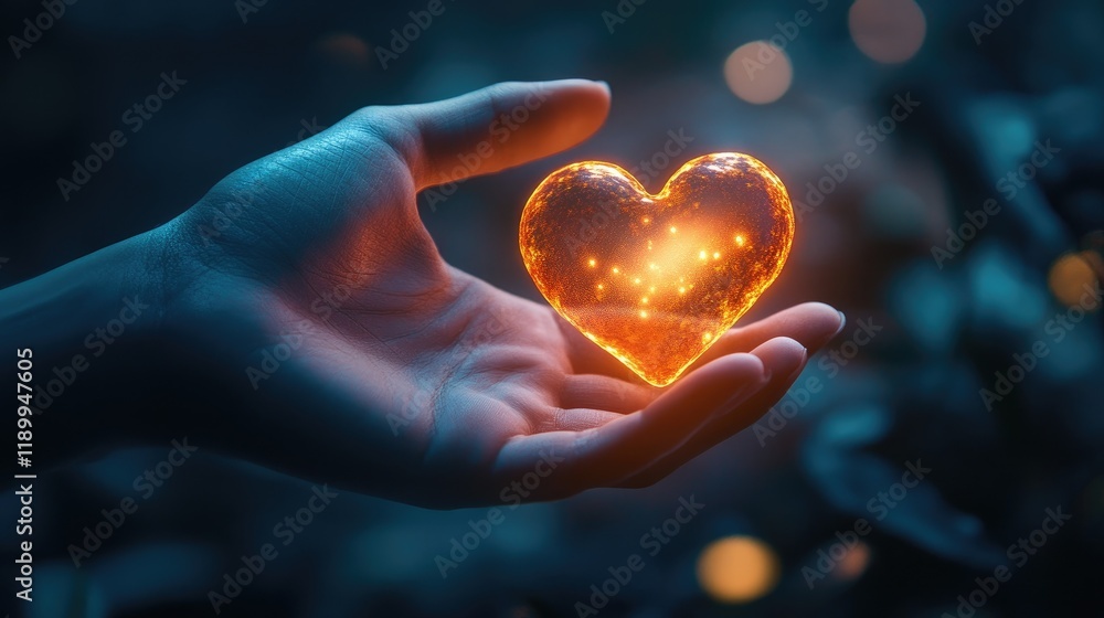 Fototapeta premium Glowing Heart in Hand Symbolizing Love and Connection at Night