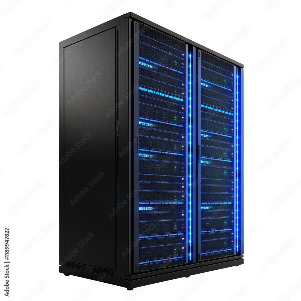 server rack with servers isolated on transparent white background, clipping path