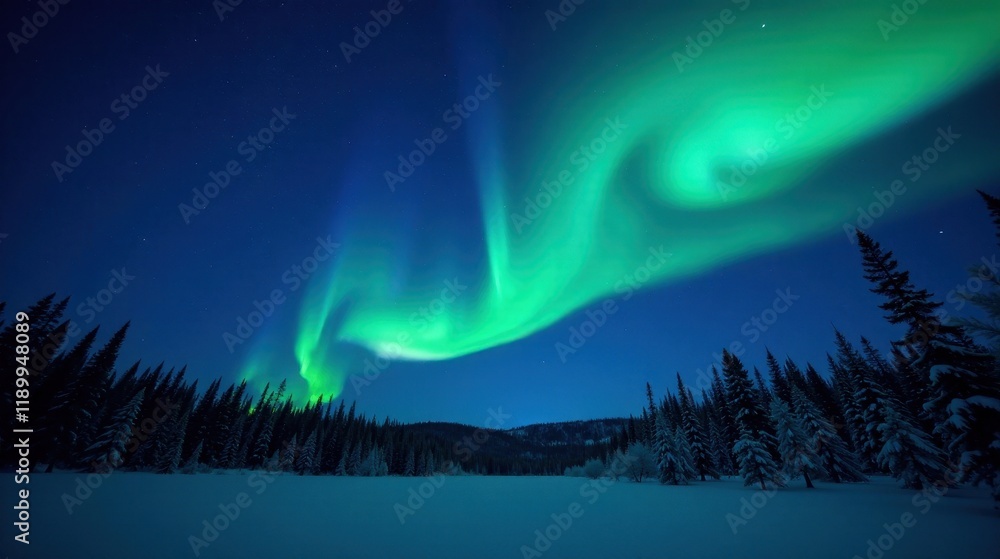 Fototapeta premium Aurora borealis dancing gracefully above a snow-covered evergreen forest under a starlit sky