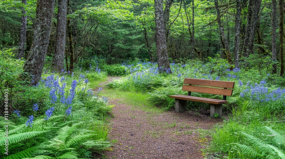 Tranquil Forest Path with a Wooden Bench Surrounded by Wildflowers Tranquil Forest Path with a Wooden Bench Surrounded by Wildflowers