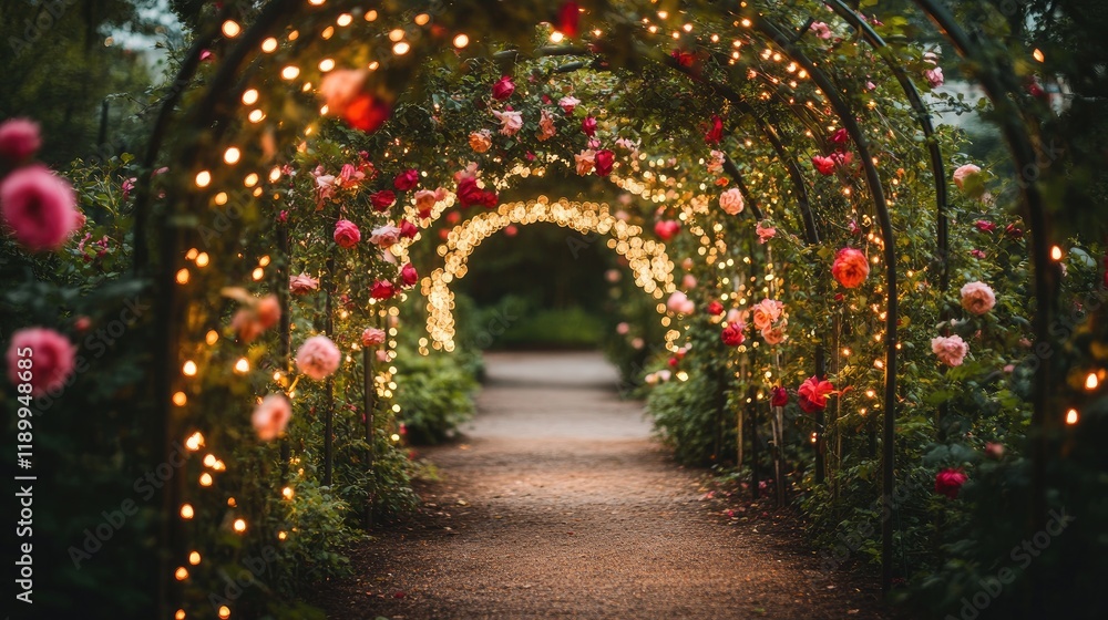 Fototapeta premium Charming Floral Pathway with Twinkling Lights and Colorful Blooms