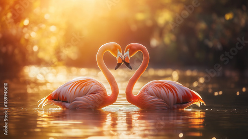 Romantic Flamingos on a Sunny Lake: Heads Joined in a Heart Symbolizing Love for Valentine's Day
 photo