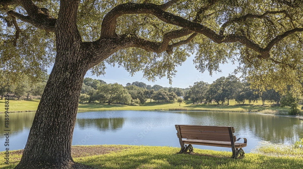Tranquil Lake Scene with Bench Under Shade of Large Tree Tranquil Lake Scene with Bench Under Shade of Large Tree