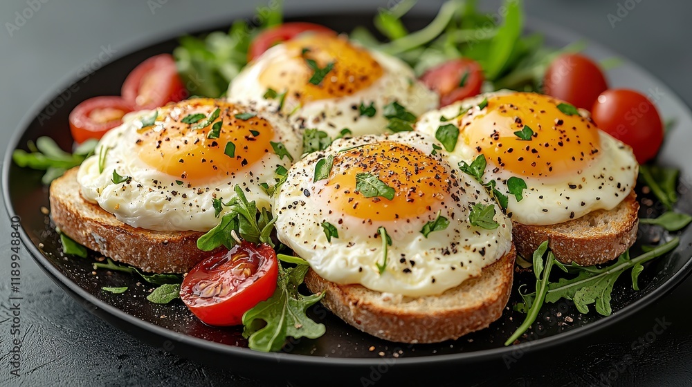 Four sunny-side up eggs on toasted bread with arugula and cherry tomatoes. Four sunny-side up eggs on toasted bread with arugula and cherry tomatoes.