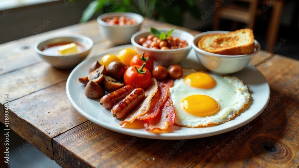 A hearty breakfast plate featuring fried eggs, crispy bacon, succulent sausages, grilled mushrooms, and baked beans, accompanied by toasted bread and a side of buttered sauce A hearty breakfast plate featuring fried eggs, crispy bacon, succulent sausages, grilled mushrooms, and baked beans, accompanied by toasted bread and a side of buttered sauce