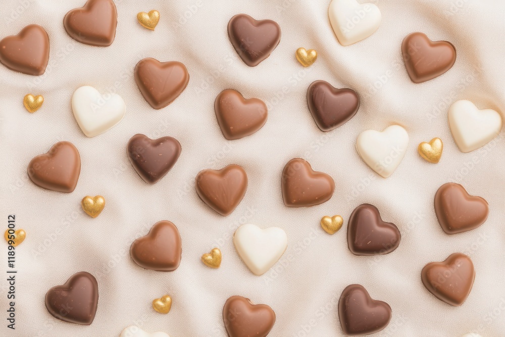 Fototapeta premium Heart-Shaped Chocolates Scattered on Soft Surface for Romantic Occasions