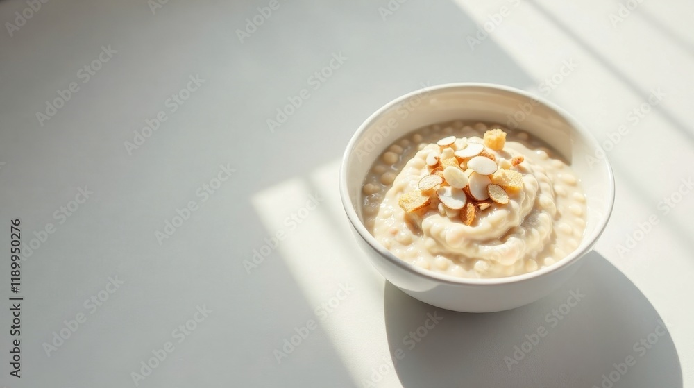 Creamy oat porridge with crunchy almond topping in a bowl bathed in sunlight Creamy oat porridge with crunchy almond topping in a bowl bathed in sunlight