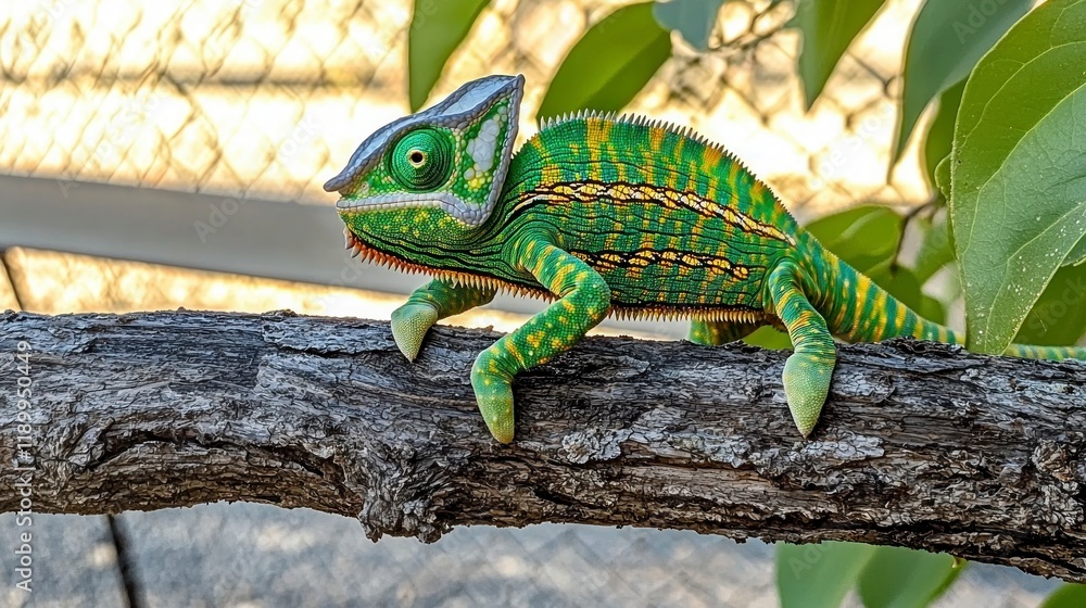 Fototapeta premium Vibrant Chameleon on Tree Branch Reptile Exotic Wildlife Nature Photography