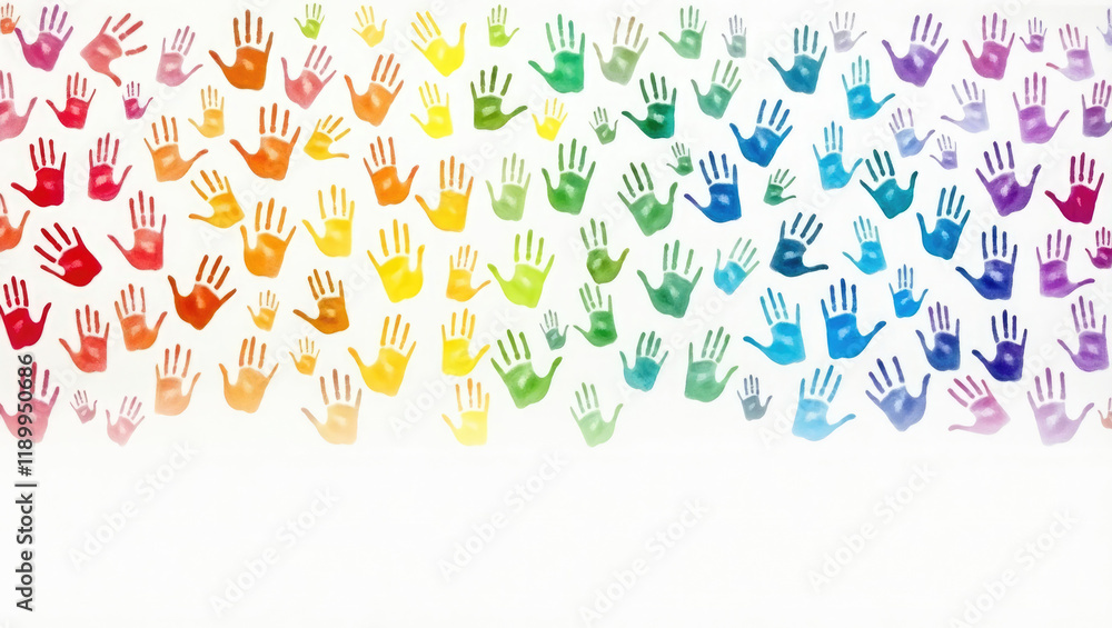 Obraz premium A colorful collection of handprints in different colors on a white background.Multicolored isolated palms represent creativity, childhood and diversity