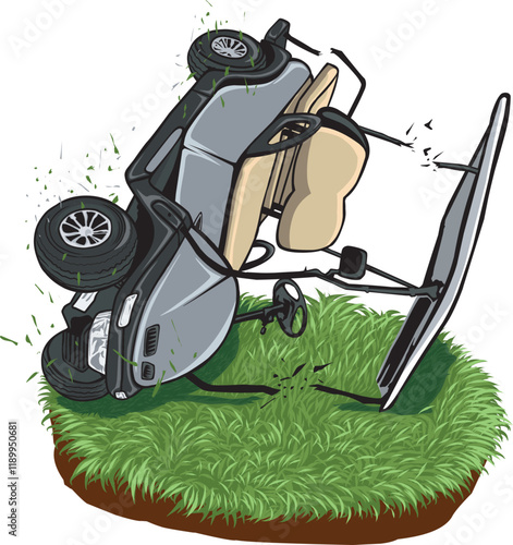 Golf cart overturned and damaged on the grass