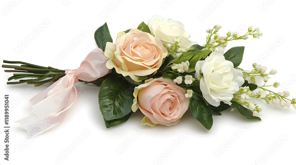 Elegant bouquet of peach and white roses with lily of the valley, tied with a delicate pink ribbon. Perfect for weddings, anniversaries, or special occasions. Elegant bouquet of peach and white roses with lily of the valley, tied with a delicate pink ribbon. Perfect for weddings, anniversaries, or special occasions.
