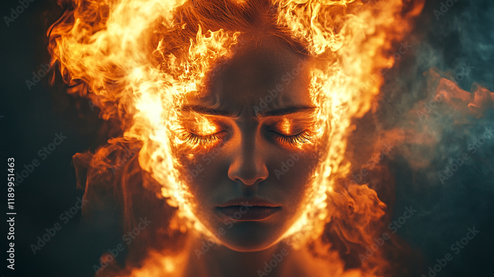 An intense artwork of a woman’s head, with swirling flames and sparks radiating outward, illustrating the concept of overwhelming stress and mental overload. An intense artwork of a woman’s head, with swirling flames and sparks radiating outward, illustrating the concept of overwhelming stress and mental overload.