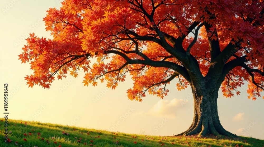 Naklejka premium Autumnal Majesty A Solitary Tree in Vibrant Fall Foliage, Basking in the Golden Hour Light on a Gently Sloping Meadow