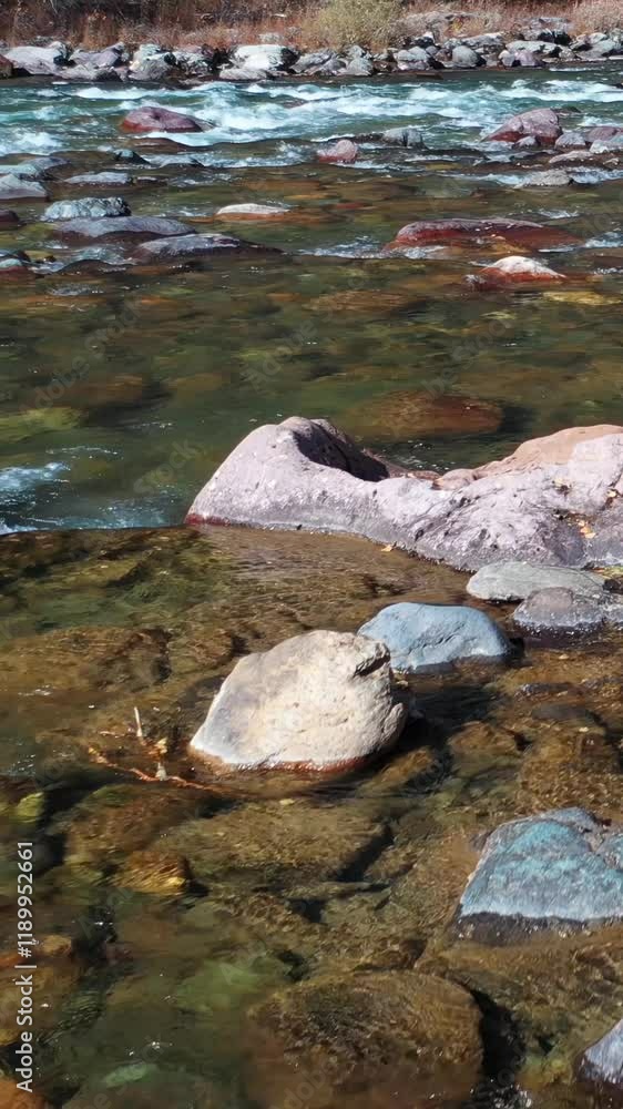 Vertical drone video of Altai river Kumir. Camera moves over water at a low altitude. Vertical drone video of Altai river Kumir. Camera moves over water at a low altitude.