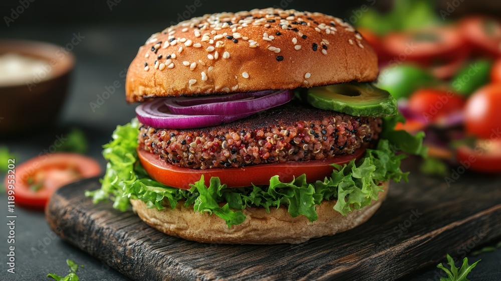 Delicious quinoa burger on a wooden board with fresh vegetables. Delicious quinoa burger on a wooden board with fresh vegetables.