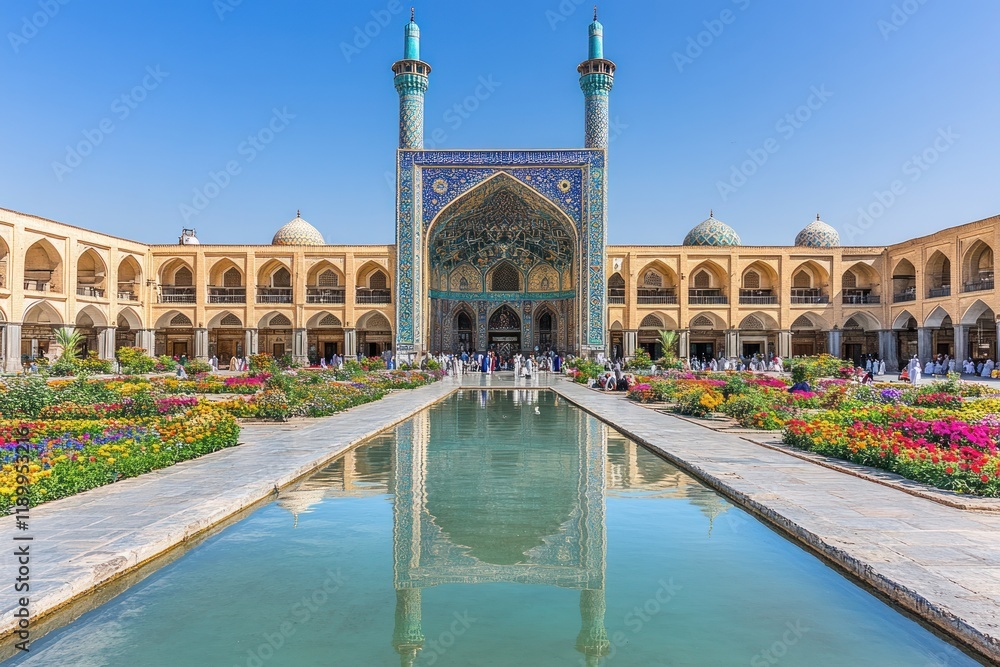 Naklejka premium Iranian Mosque Courtyard, vibrant flowers, reflecting pool, bustling market background