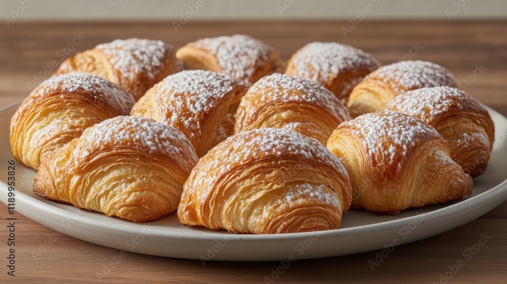 Delicious golden croissants dusted with powdered sugar on a plate. Delicious golden croissants dusted with powdered sugar on a plate.