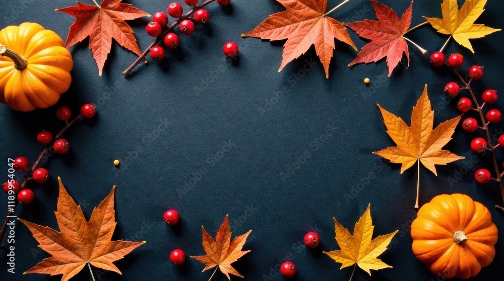 Autumnal Abundance A Festive Frame of Fall Leaves, Pumpkins, and Berries on a Dark Background Autumnal Abundance A Festive Frame of Fall Leaves, Pumpkins, and Berries on a Dark Background