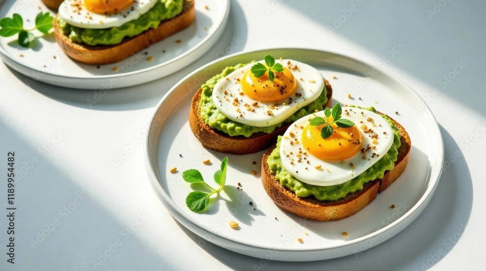 Delightful Sunlit Avocado Toast with Fried Eggs and Herbs on White Plates Delightful Sunlit Avocado Toast with Fried Eggs and Herbs on White Plates