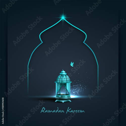 islamic greeting ramadan kareem card design template with beautiful blue lantern