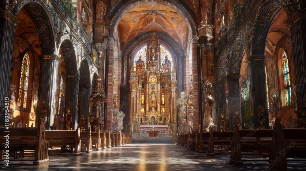 Fototapeta premium Grand church interior, sunlight streams in