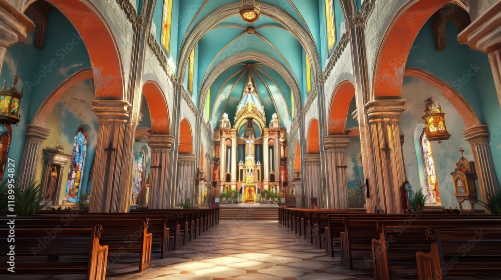 Fototapeta premium Tranquil church interior, serene space