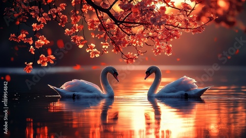 Fototapeta Naklejka Na Ścianę i Meble -  Two swans in heart shape on lake sunset.