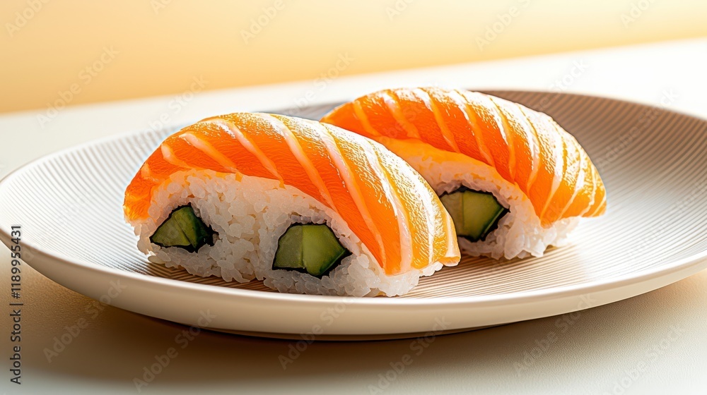 A close-up of sushi rolls featuring salmon and cucumber, presented on a light-colored plate against a soft background. A close-up of sushi rolls featuring salmon and cucumber, presented on a light-colored plate against a soft background.