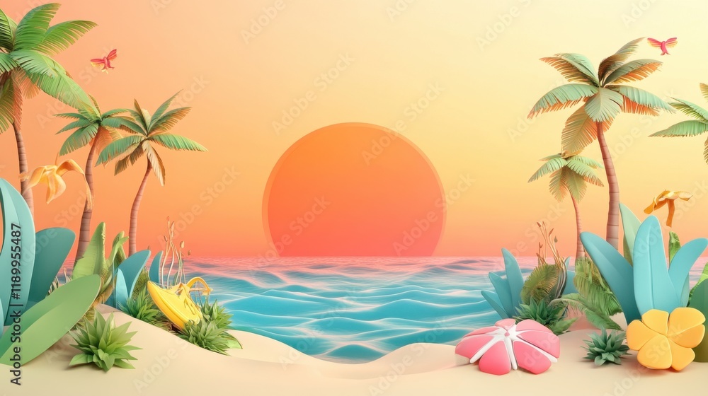 Tranquil Sunset Beach Paradise: 3D Render of Idyllic Tropical Island Scene with Palm Trees and Vibrant Flowers Tranquil Sunset Beach Paradise: 3D Render of Idyllic Tropical Island Scene with Palm Trees and Vibrant Flowers