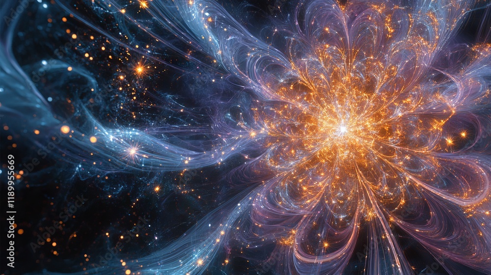 Fototapeta premium Spectacular starburst firework explosion radiating from central point, featuring gradient trails from electric blue to vibrant purple that fade into glowing white tips. Multiple layers of particle