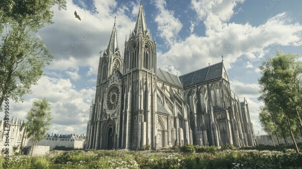 Obraz premium Majestic gothic cathedral under blue skies