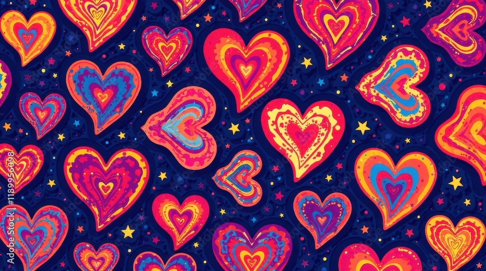 Vibrant Psychedelic Hearts Pattern A Colorful, Joyful Design Featuring Interlocking Hearts with Starry Background Vibrant Psychedelic Hearts Pattern A Colorful, Joyful Design Featuring Interlocking Hearts with Starry Background