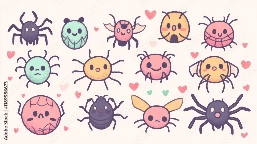 Fototapeta premium Cute and kawaii-style spider web set with rounded, friendly elements. The webs incorporate heart shapes and spiral patterns, while the spiders are designed with chibi-style proportions and expressive