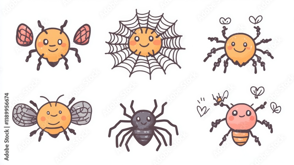 Obraz premium Cute and kawaii-style spider web set with rounded, friendly elements. The webs incorporate heart shapes and spiral patterns, while the spiders are designed with chibi-style proportions and expressive