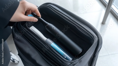 A portable electric toothbrush being packed into a carry-on bag for travel. photo