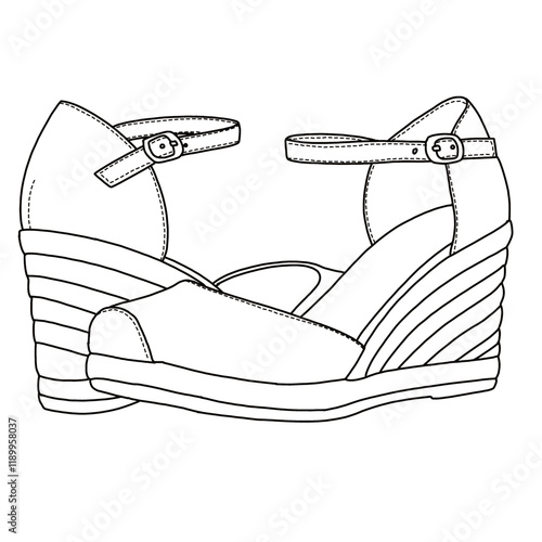 Women's Wedge Espadrilles  Closed Toe line art, Technical sketch hand drawing outline vector doodle rear and side 3D Isometric view isolated on white background for coloring page