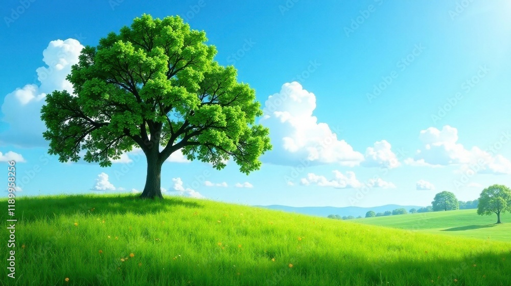 Obraz premium Serene Meadow Landscape Featuring a Majestic Oak Tree Under a Bright Sunny Sky