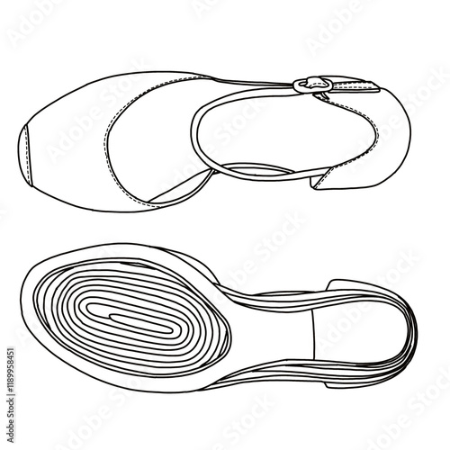 Women's Wedge Espadrilles  Closed Toe line art, Technical sketch hand drawing outline vector doodle top and bottom view isolated on white background for coloring page