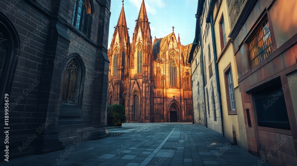 Cathedral view down a cobblestone street Cathedral view down a cobblestone street